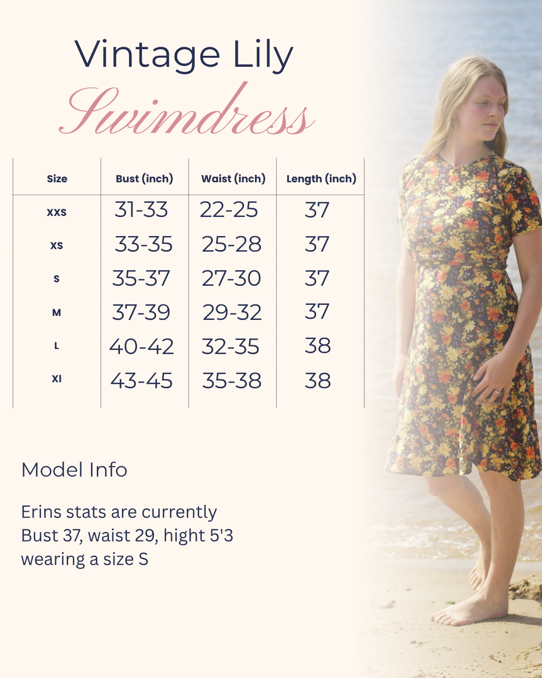 Vintage Lily swimdress size chart in inches: bust, waist and length for sizes XXS to XL, with model measurements for reference.